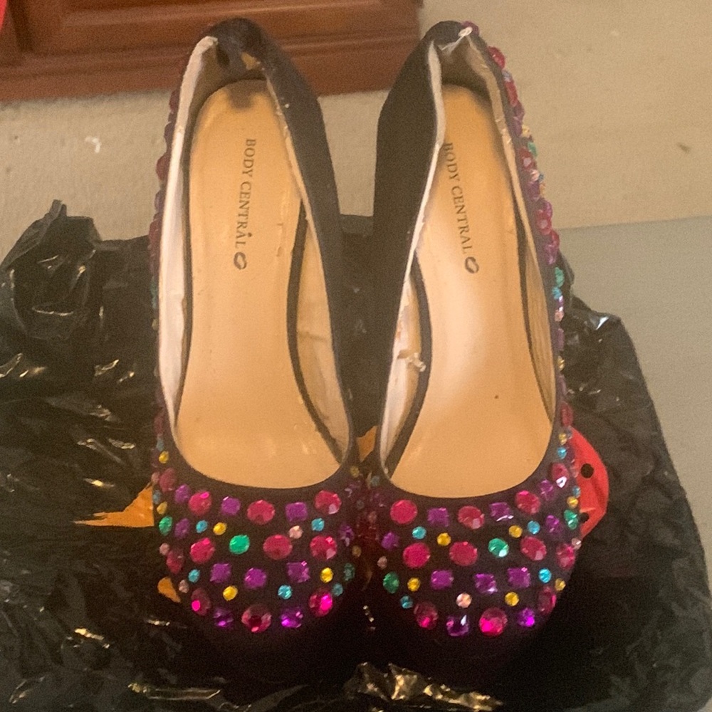 Body Central black rainbow rhinestone heeless wedges size 9.